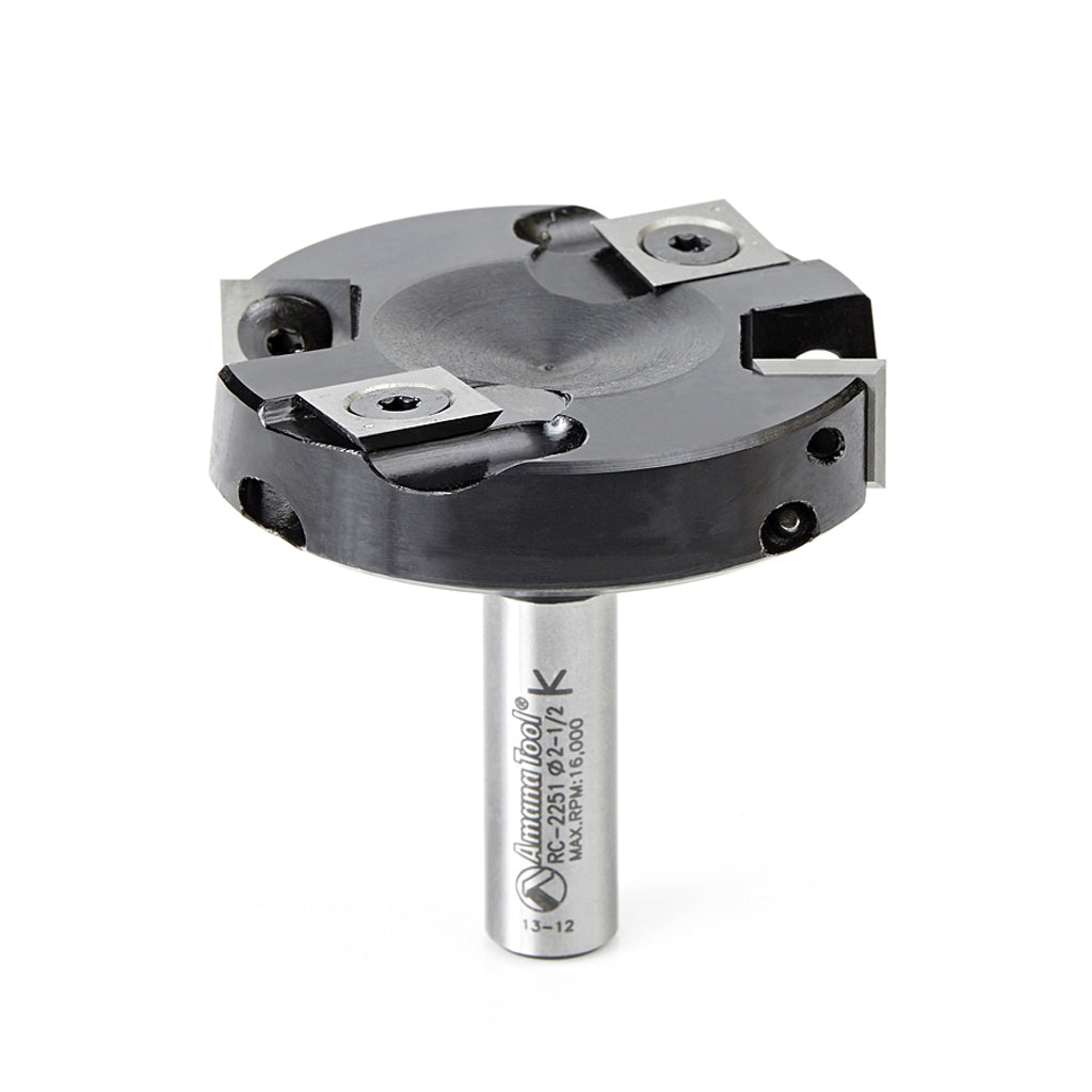 The Amana Tool 2-1/2 inch spoilboard surfacing/rabbetting router bit has 2 4-sided carbide cutters on face, two on edge.