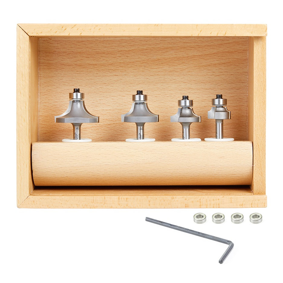 Amana Tool 4-Piece Roundover and Beading Router Bit Set AMS-551 with wooden box