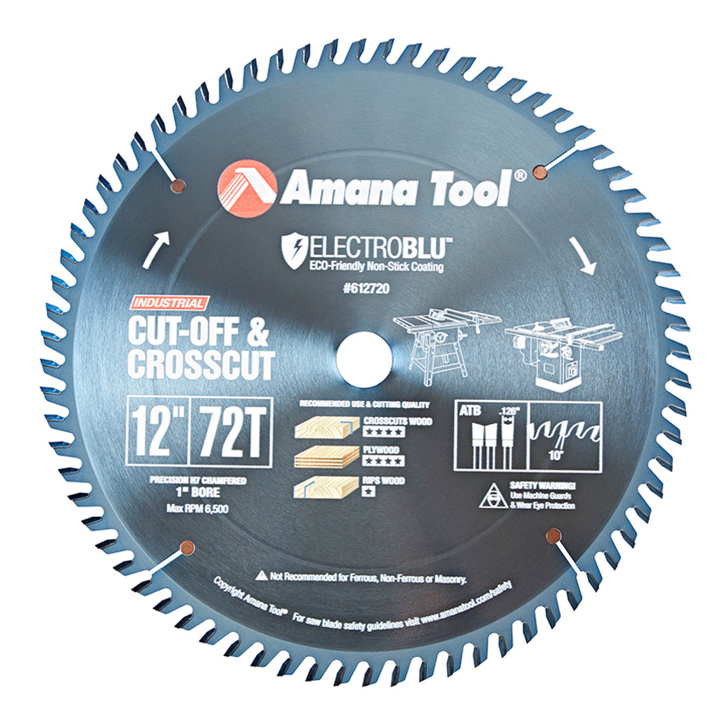 Amana Tool Electro-Blu 12" 72 tooth ATB standard crosscut blade. Electro-Blu coating to reduce heat and resin build-up.