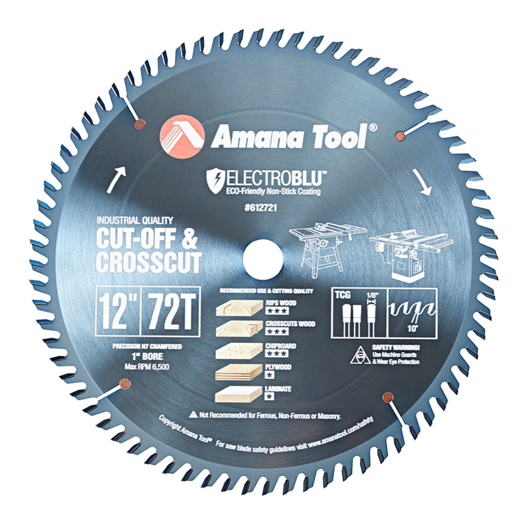 Amana Tool Electro-Blu 12" 72 tooth TCG+R blade for fine crosscuts & cutting of plastic laminate. Blue coating. Copper plugs.
