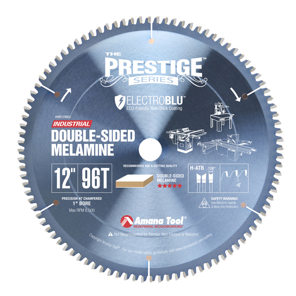 Amana Tool Electro-Blu 12" 96 tooth high-ATB blade for double-sided melamine. Use in table saws or radial arm saw.