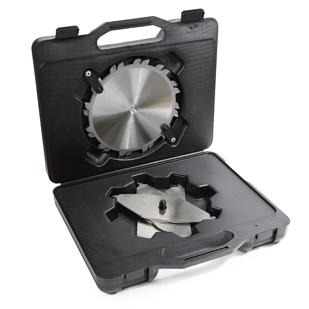 Amana Tool 8" 12 tooth dado set includes a plastic case for safe storage of the two outside blades and 3 inside chippers.