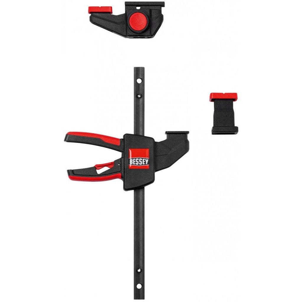 Disassembled view of a Bessey EZR clamp with reversible head with quick-release button, clamping head, stepover attachment.