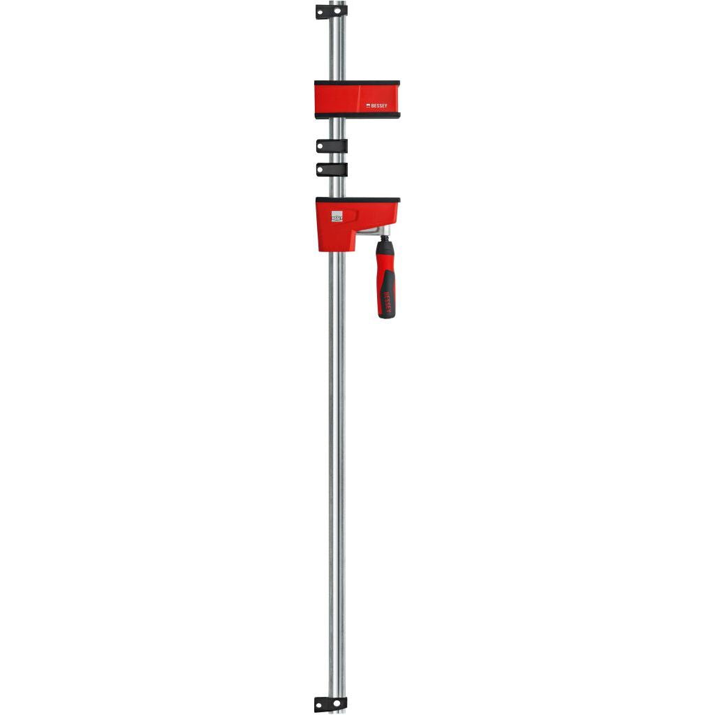 Long Bessey K Body VARIO REVOlution 1700 Pound Parallel Bar Clamp with moveable heads and rail protection clips to protect workpiece