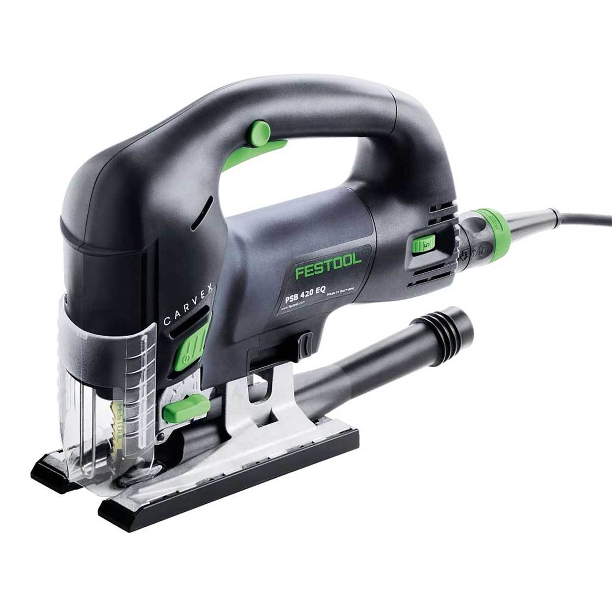 The Festool Carvex D-Handle Jigsaw has a sliding clear chipguard for blade visibility and to contain chips for extraction