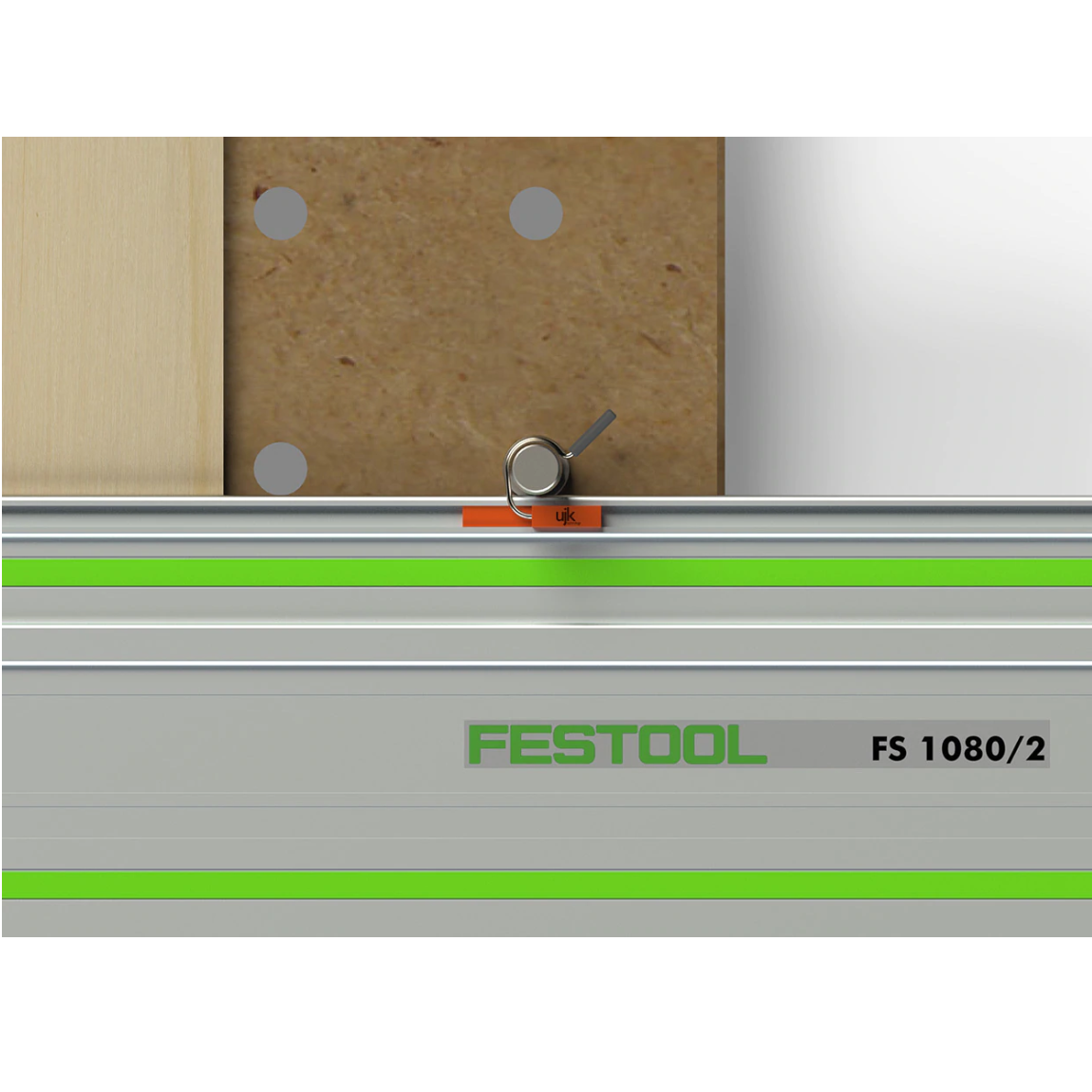 UJK Dog Rail Clips slide into the T-slot of a Festool FS Guide Rail and over a 20mm dog in a MFT or similar work surface.