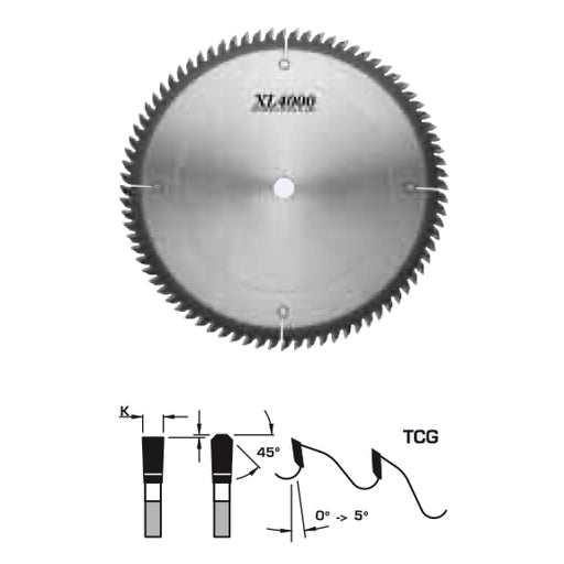 FS Tool Fine Crosscut Circular Saw Blade & drawing indicating kerf, TCG tooth with 45 degree bevels, 5 degree rake.