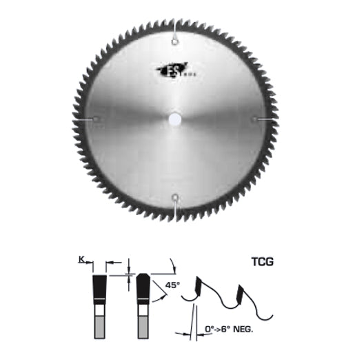 FS Tool non-ferrous circular saw blade & drawing indicating TCG tooth w/45 degree bevels, 0 to negative 6 degree rake.