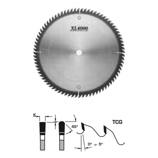 FS Tool fine crosscut circular saw blade & drawing indicating kerf, TCG tooth with 45 degree bevels, 0-5 degree rake.