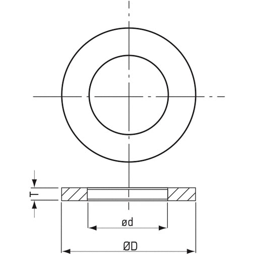 Drawing of arbor hole reducing bushing for saw blades indicating shape, thickness, inside diameter, outside diameter.