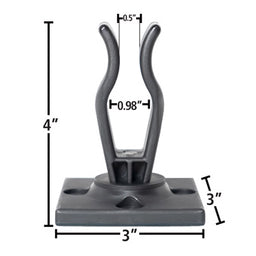Dimensioned picture of FastCap 3rd Hand Rack retaining bracket. 4" high, 3" square base, .5" opening.