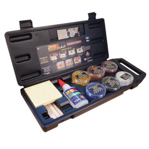 2P-10 kit includes adhesive, mixing pad, mixing sticks, and 6 colourants in a plastic blow-moulded case.
