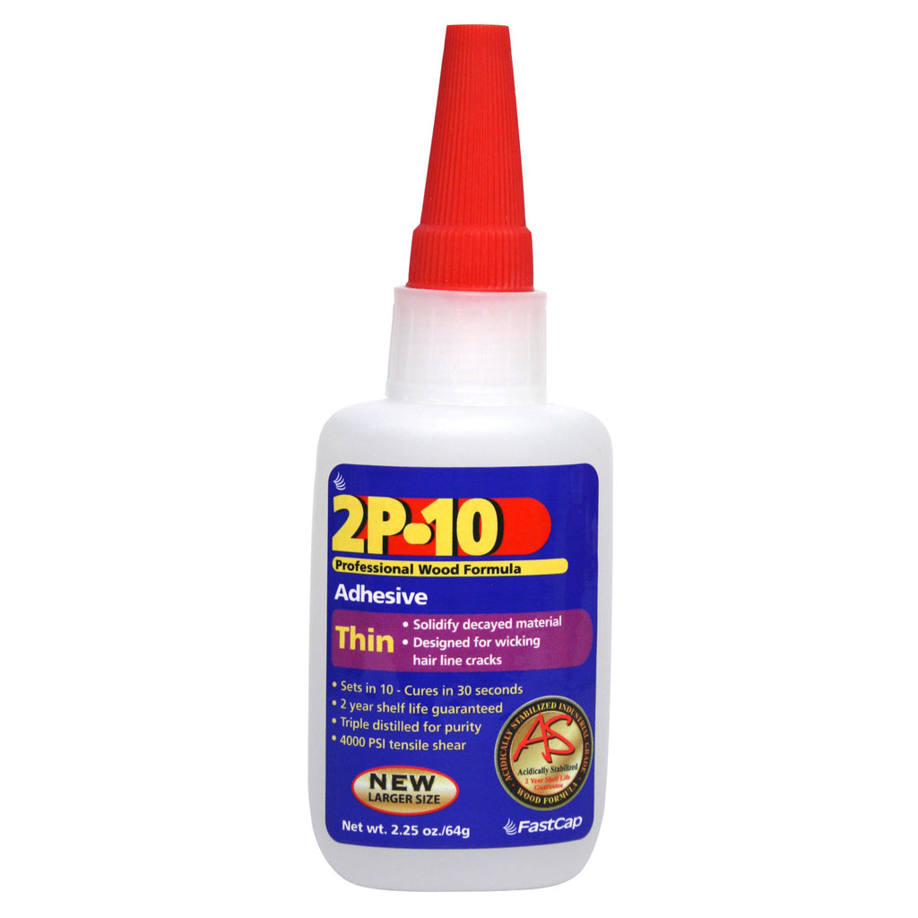Plastic bottle of 2P-10 Thin Adhesive with red screw cap. 10 second set time and 30 second cure time.