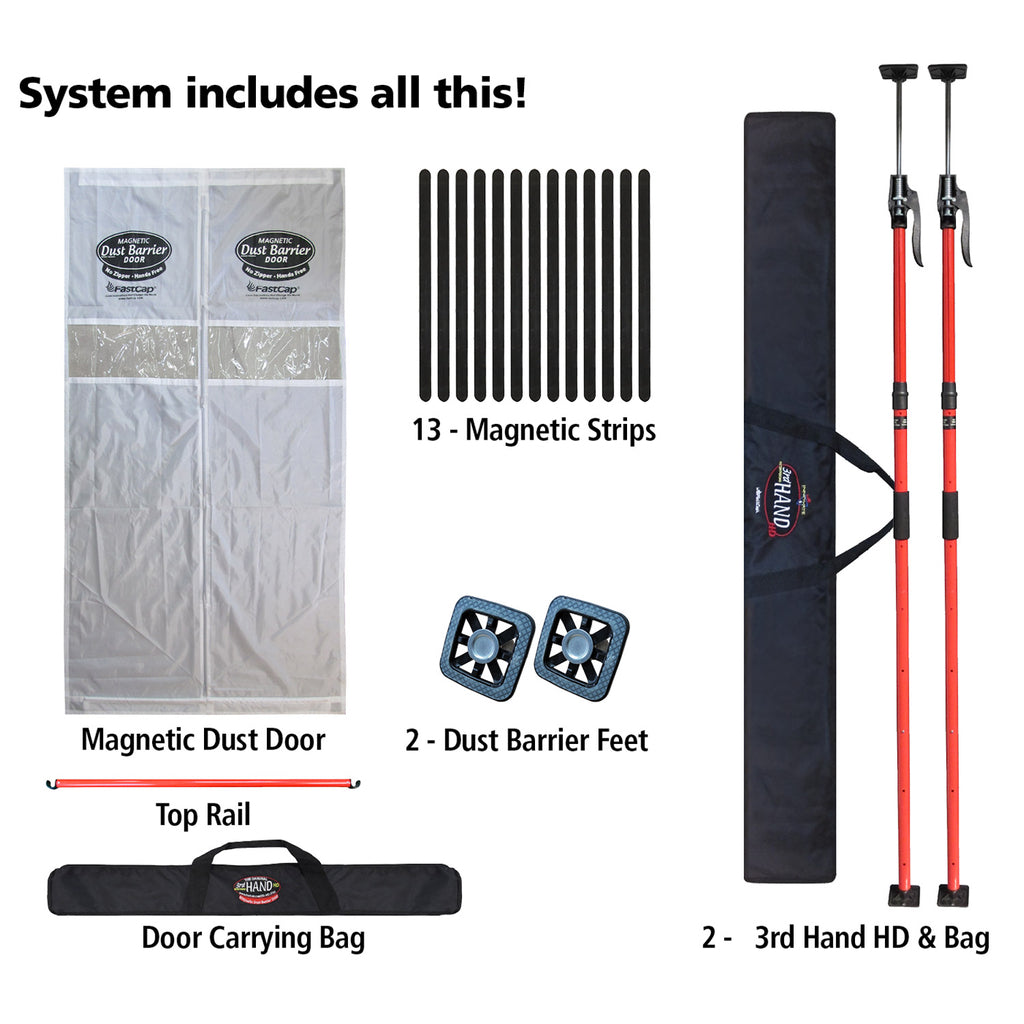Magnetic Dust Door, Top Rail for door, Door Carrying Bag, 2x Dust Barrier Feet, 13x Magnetic Strips, 2x 3rd Hand HD with bag.