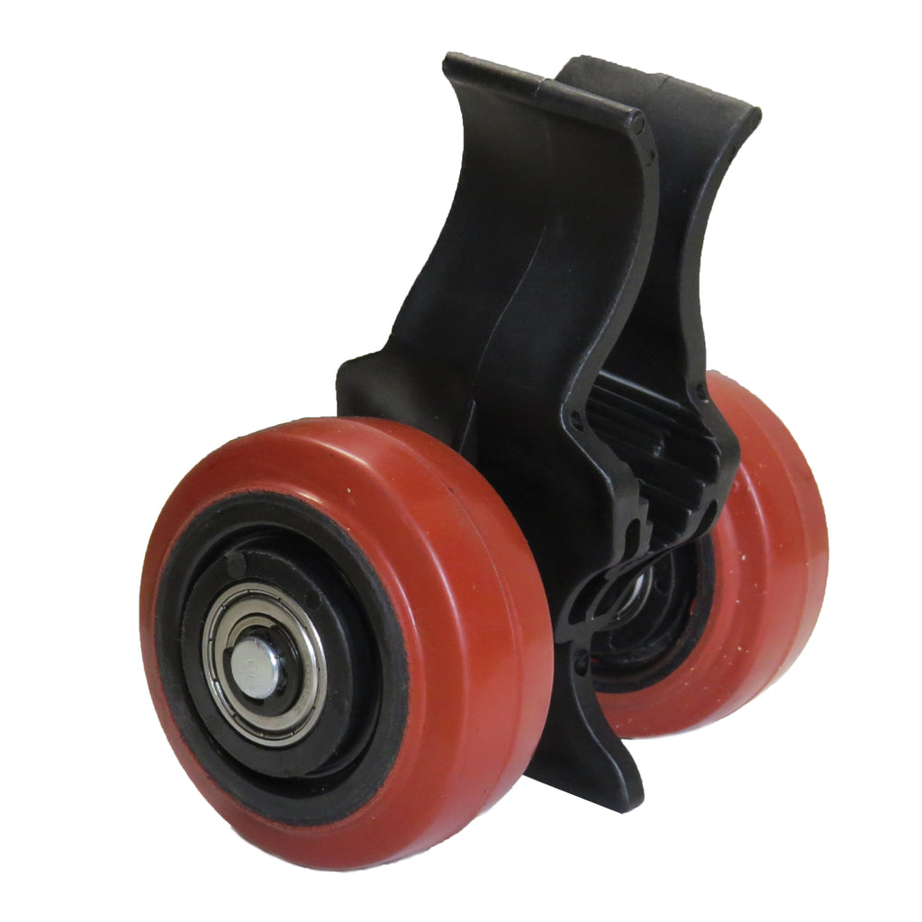 Heavy duty ball bearing polyurethane wheels roll easily, and an integral kickstand keeps the clip upright for loading.