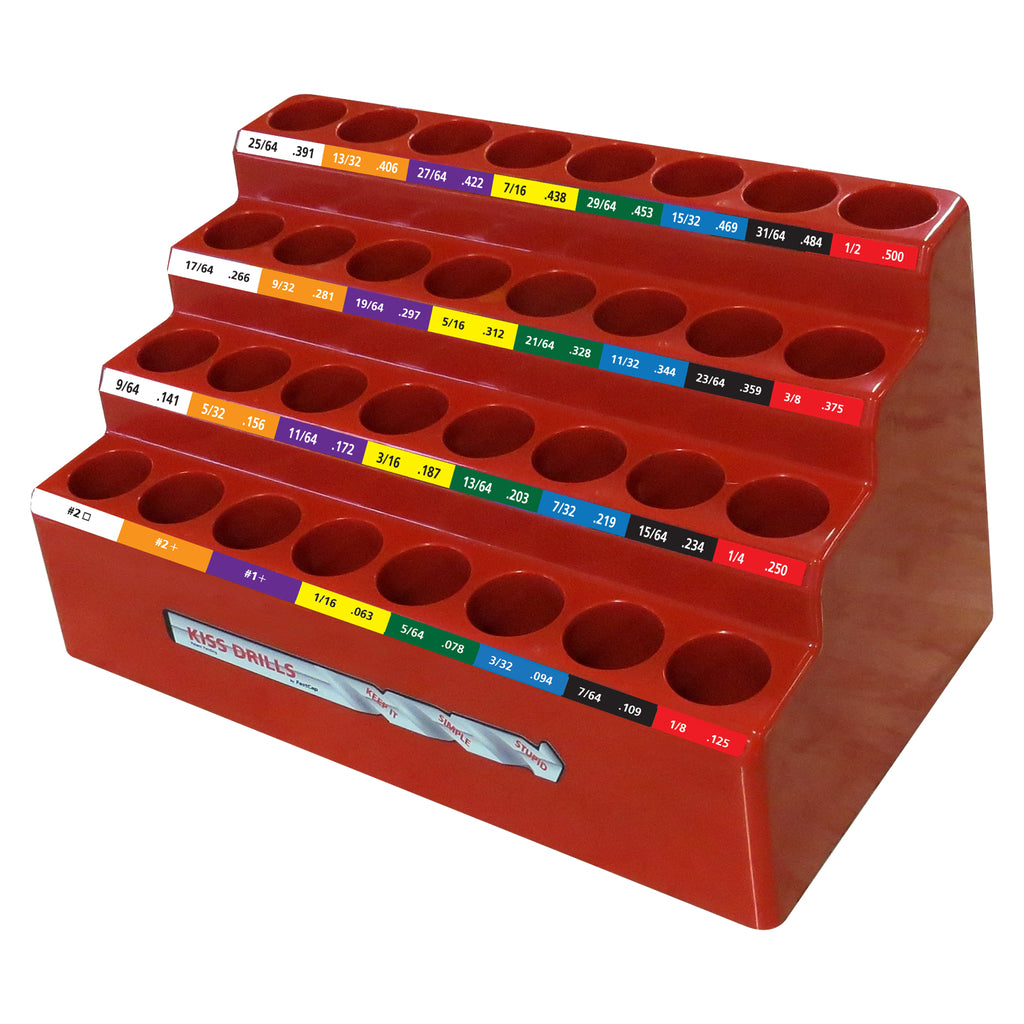 FastCap KISS colour-coded drill bit index with colour coded labels with fractional and decimal inch markings.