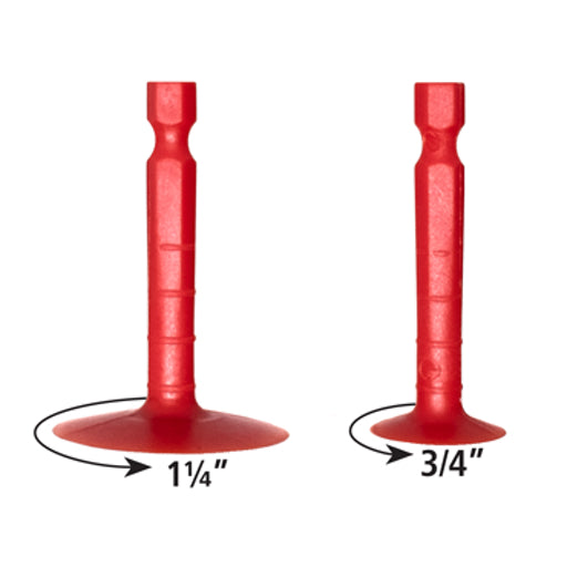 Side view of 1-1/4 and 3/4 inch Fastcap Kaizen Foam Spinners, made of red plastic.