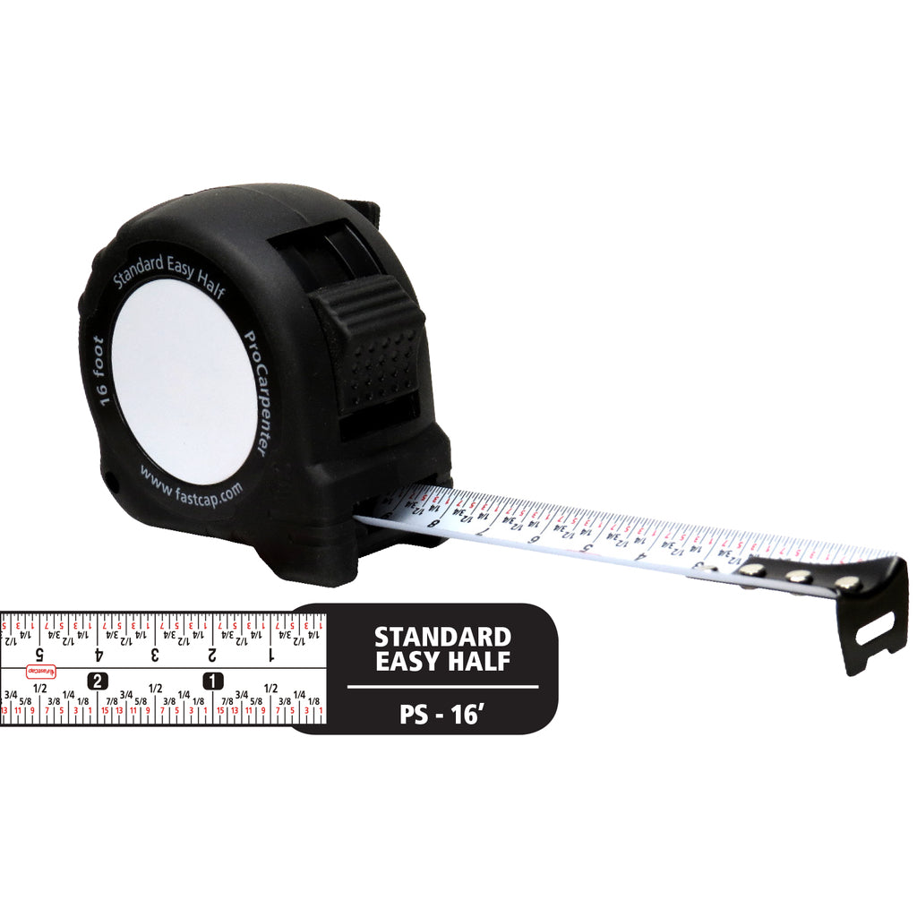 This tape measure has a full scale, and half scale to simplify finding centre. Black case with overmoulded grip, scratch pad.