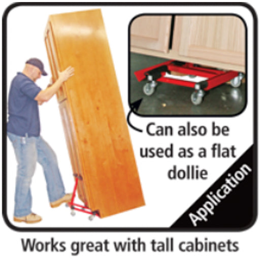 A worker uses a Speed Dollie to transport a tall pantry cabinet, and another is folded flat to carry a large cabinet.