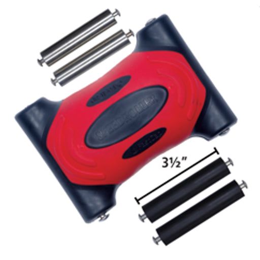 FastCap's SpeedRoller Pro has an ergonomic red and black body, a set of steel rollers, and a set of rubber rollers.