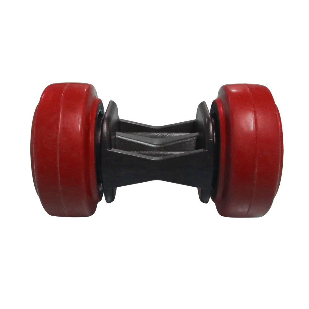 Front view of Fastcap's Speed Skate showing large polyurethane wheels and V-shaped 1-3/4" wide carrying cradle.