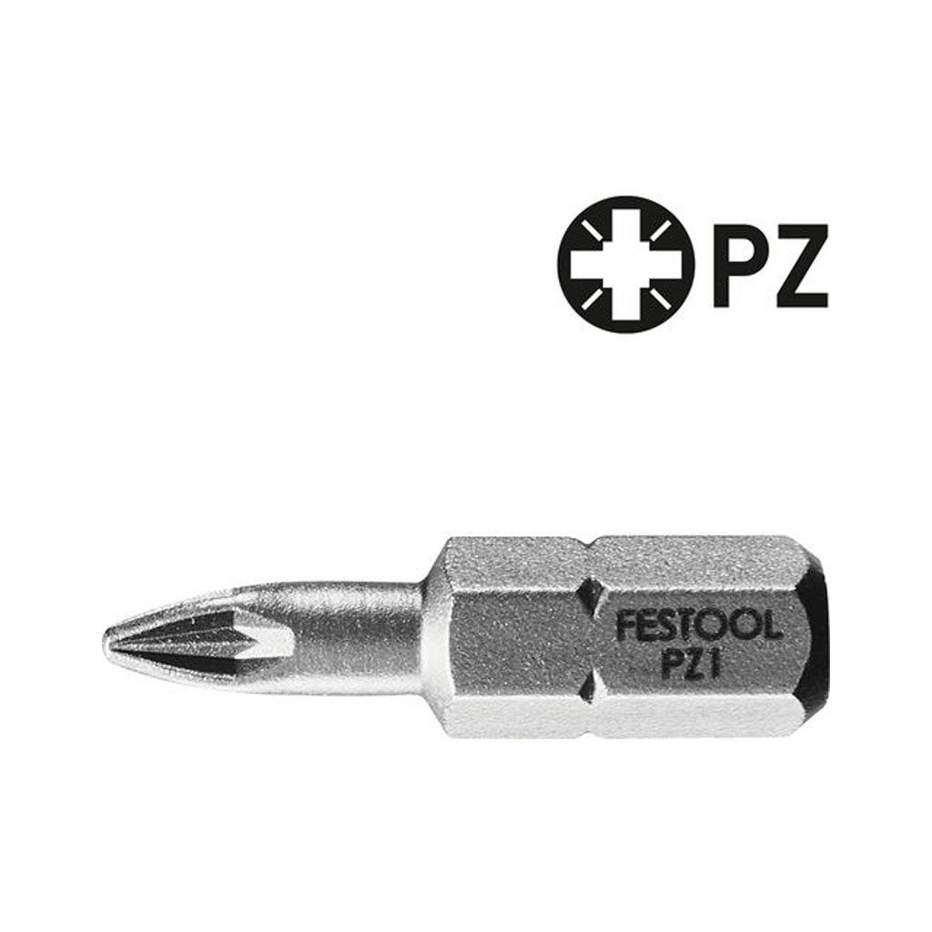 High quality Festool Pozidrive PZ 1 screwdriver bit with 1/4" hex shank and thin tips for access into tight areas.