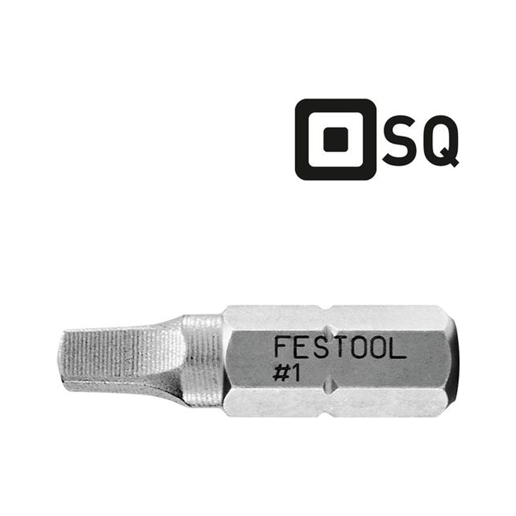 High quality Festool Square Drive SQ 1 screwdriver bit with 1/4" hex shank and thin tips for access into tight areas.