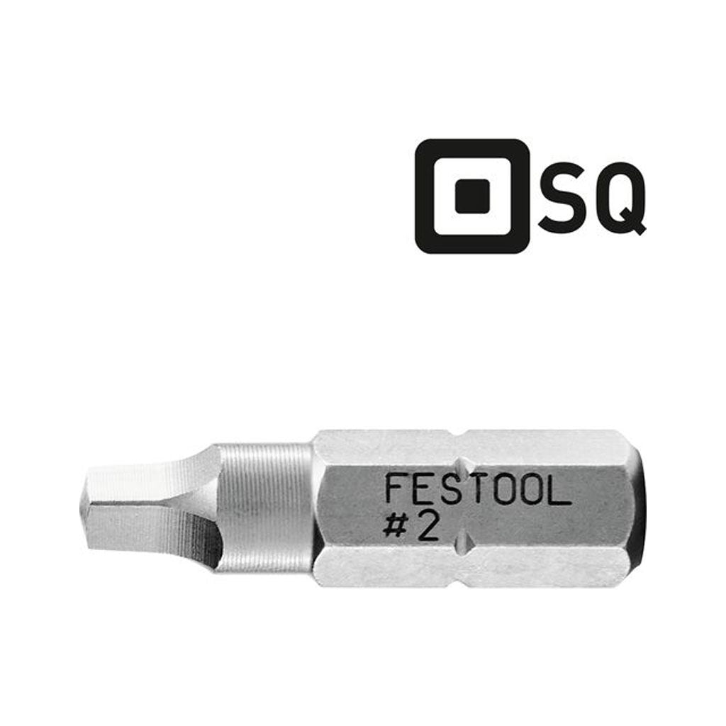 High quality Festool Square Drive SQ 2 screwdriver bit with 1/4" hex shank and thin tips for access into tight areas.