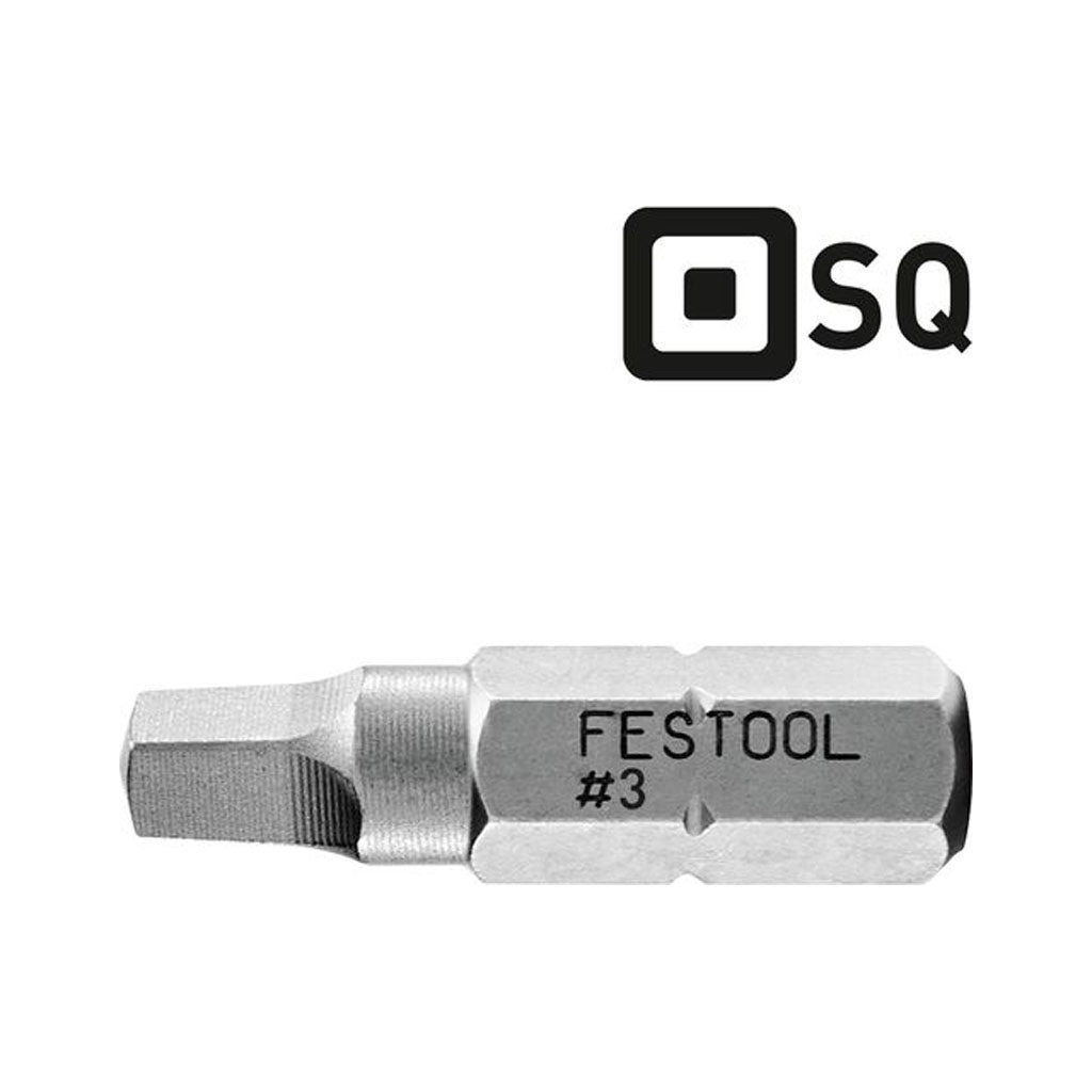 High quality Festool Square Drive SQ 3 screwdriver bit with 1/4" hex shank and thin tips for access into tight areas.