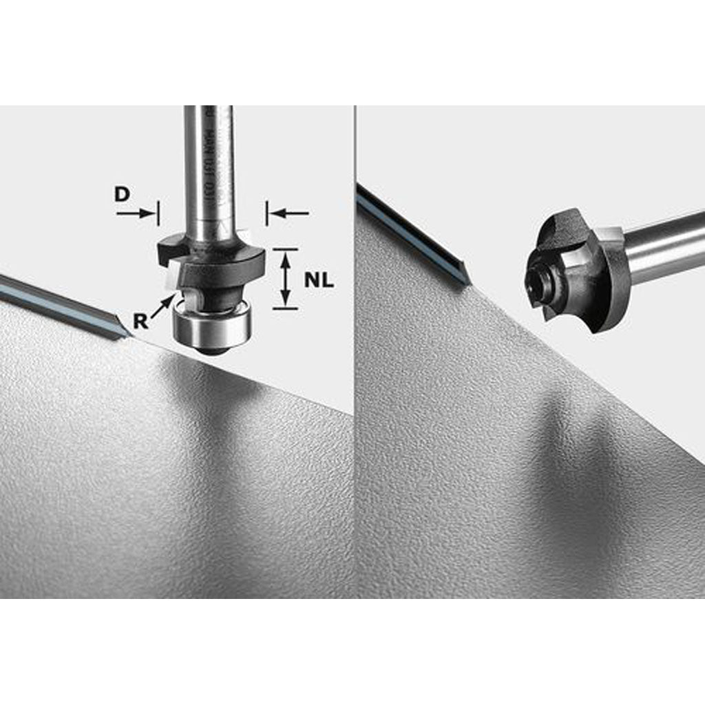 Carbide tipped router with a 3mm radius and a 10 degree transition for trimming 3mm edge banding. Use with or without bearing