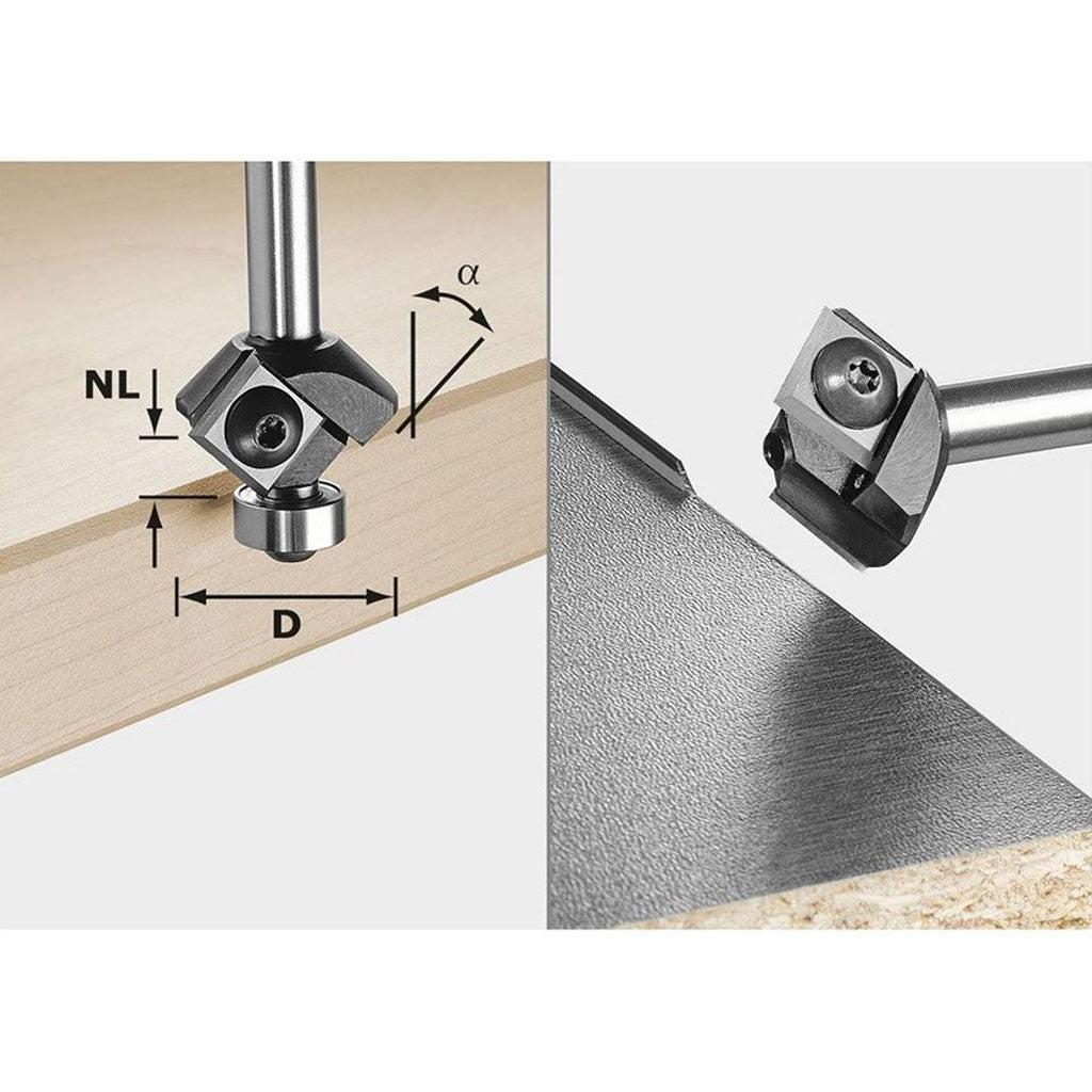 45 degree chamfer router bit with rotatable and replaceable carbide inserts for long life and easy maintenance.