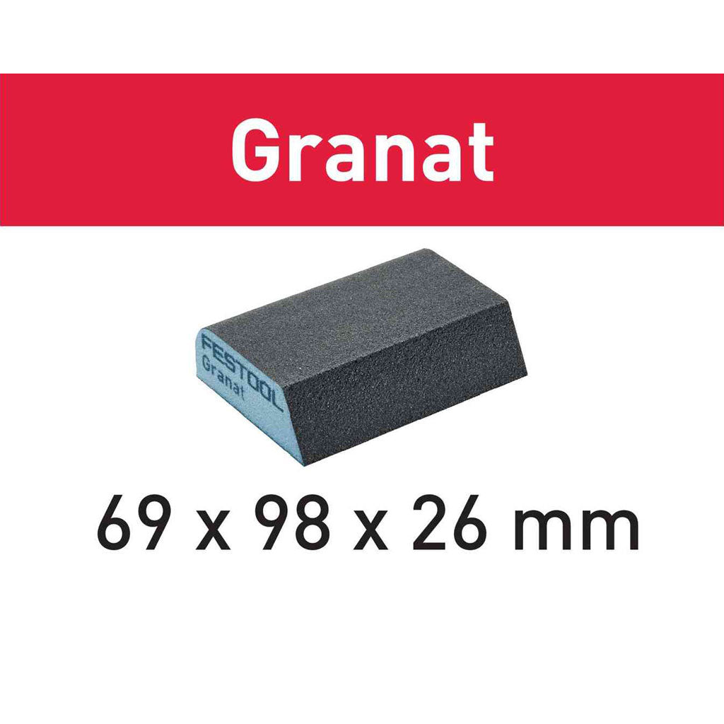 Festool Granat Combi Hand Sanding Block is 69x98x26mm and features a radiused corner, beveled edge, abrasive on 4 sides.