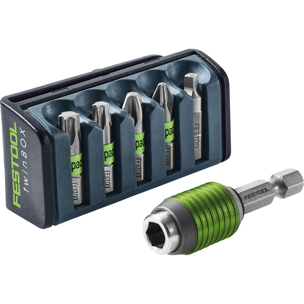 The quick-change locking adapter set include a BitBOX bit storage case with clip and impact-resistant driver bits.