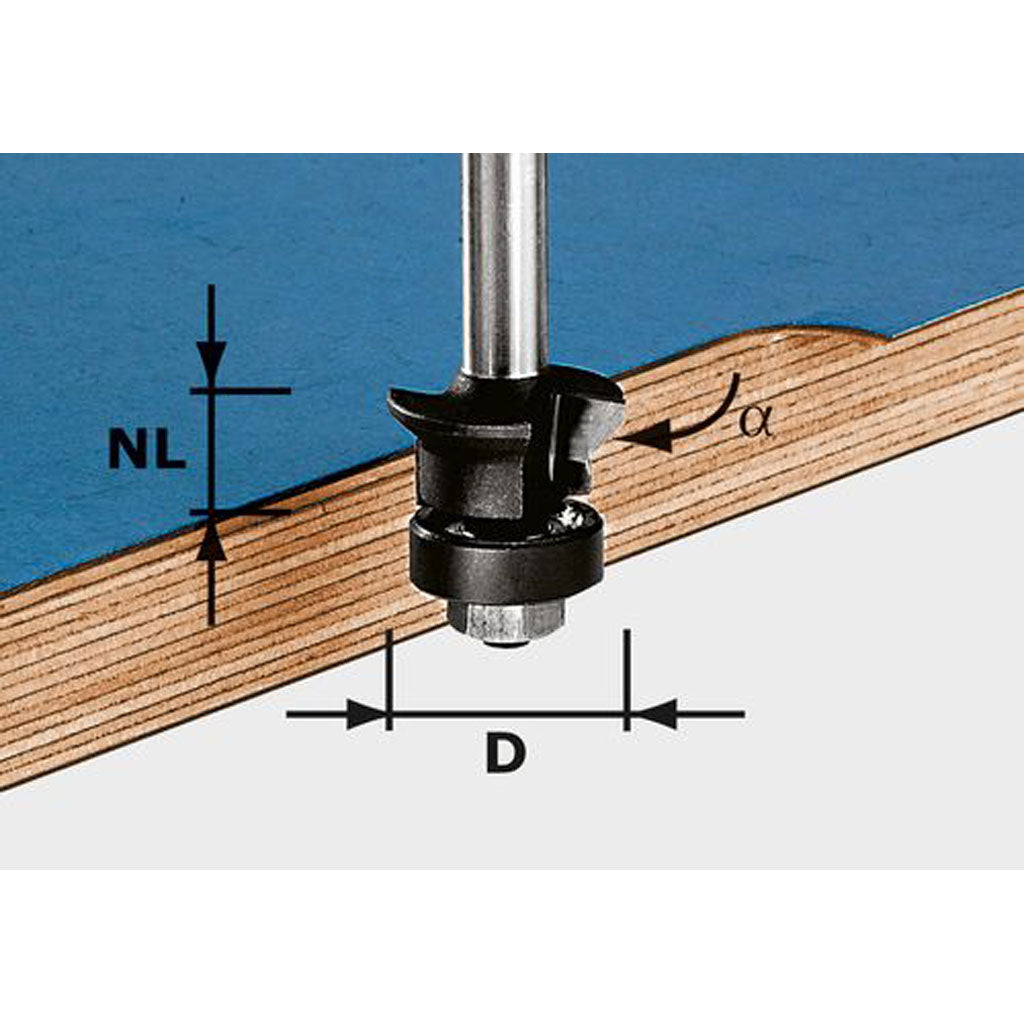 Combination flush trim and 45 degree chamfer router bit for trimming laminates or edge banding in one operation.