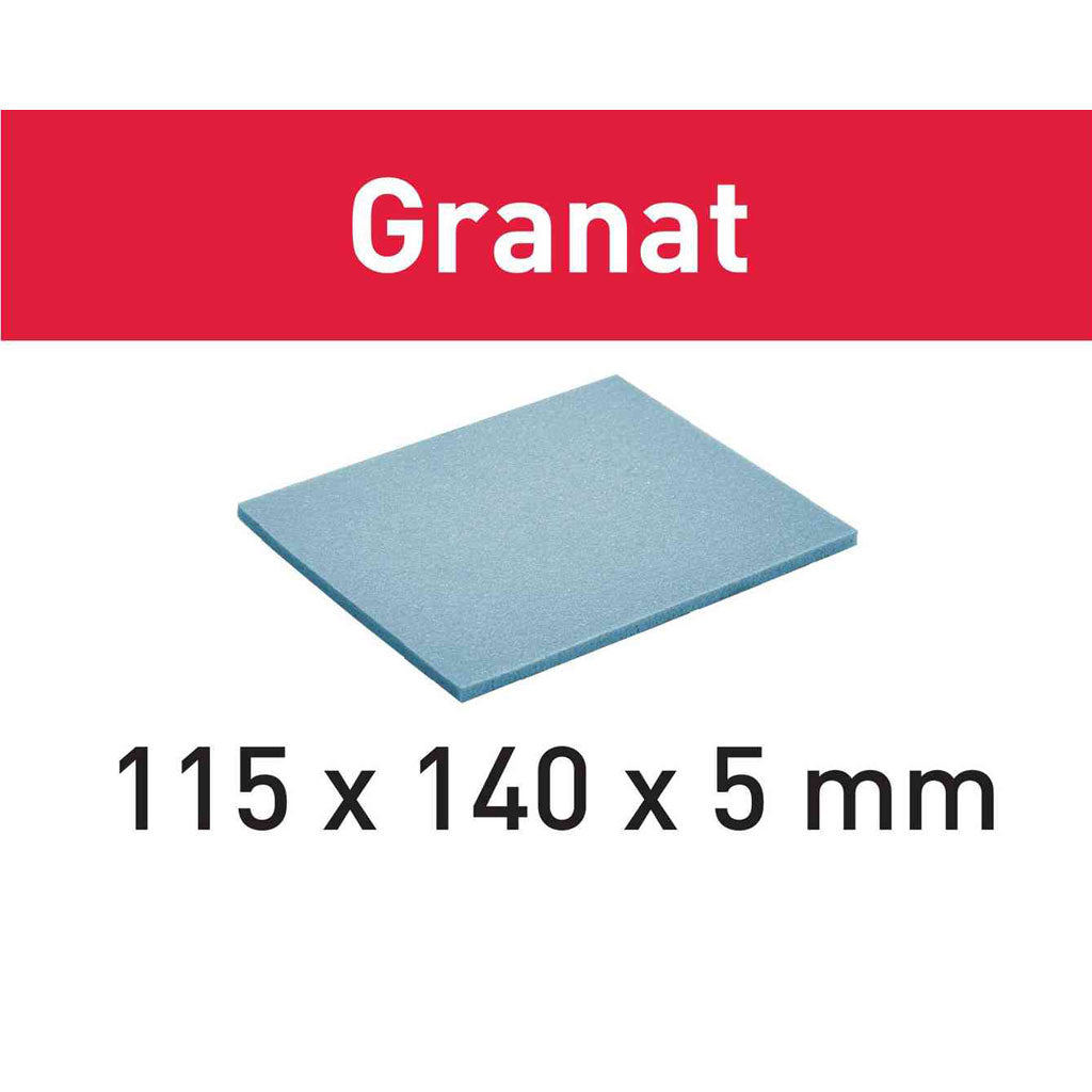 Festool Granat Abrasive Sanding Pads are 115 x 140 x 5mm (4-1/2 x 5-1/5 x 1/4 inch)