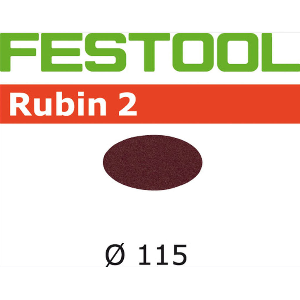 115mm diameter aluminum oxide abrasive Rubin 2 discs with StickFix loop backing for use with Festool RAS 115.4 rotary sander.