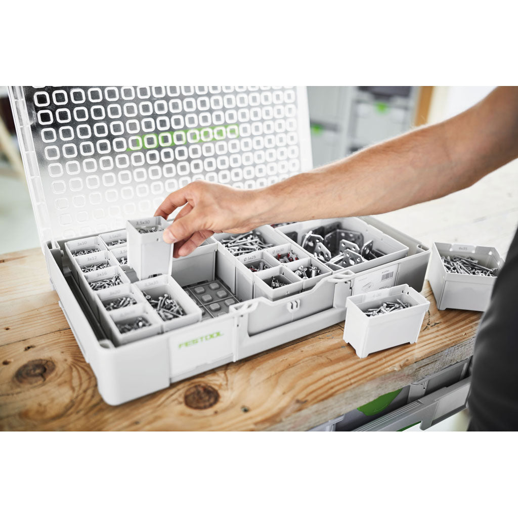 The SYS3 ORG L 89 can be loaded up with 7 different sizes of bins for screws, nails, connectors, fasteners or hand tools.