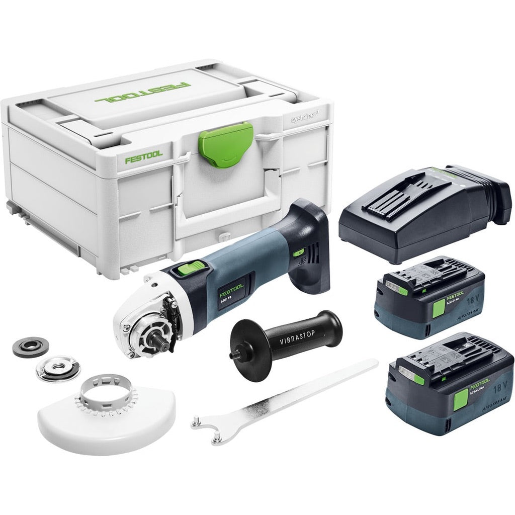 Plus set includes cordless angle grinder, auxilliary handle, guard, arbor flanges, 2 batteries, charger, Systainer.