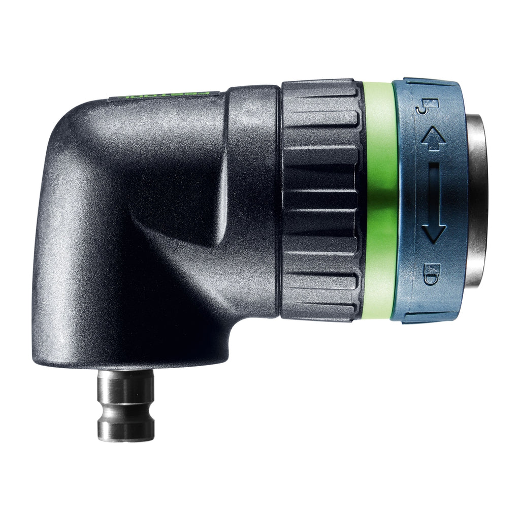 Festool's Angle Attachment has a blue locking collar, green adjustment collar, and metal Centrotec spindle.
