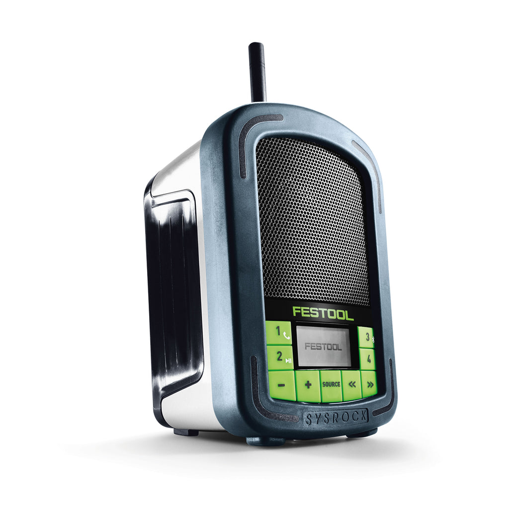 Front right view of Festool SYSROCK BR 10 radio with antenna extended. LCD display with Festool logo, and button on front.
