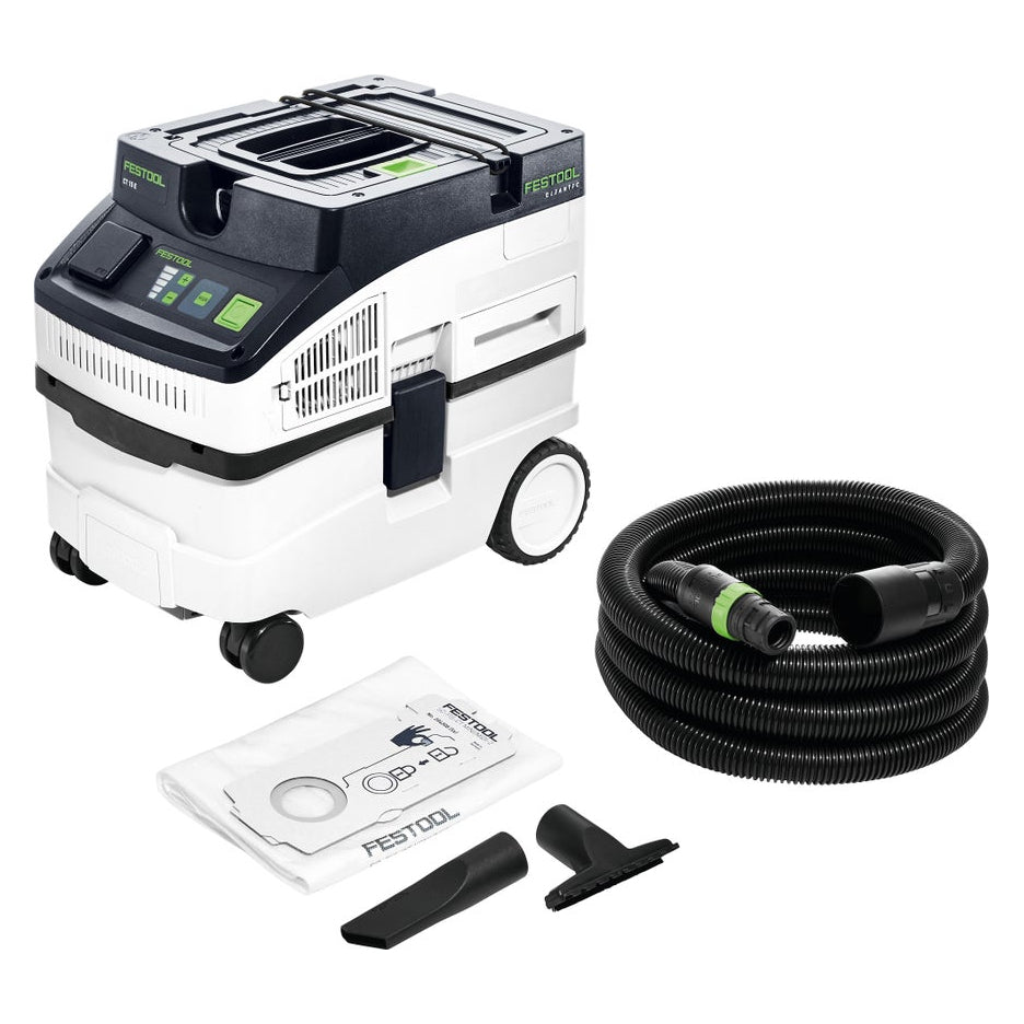 The CT 15 includes 3.5m hose, crevice nozzle, upholstery brush, filter bag. Control panel and power outlet on front.