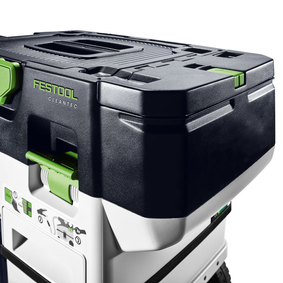 Festool CTC MIDI I Dust Extractor has lidded battery compartment at back for two 18V batteries.
