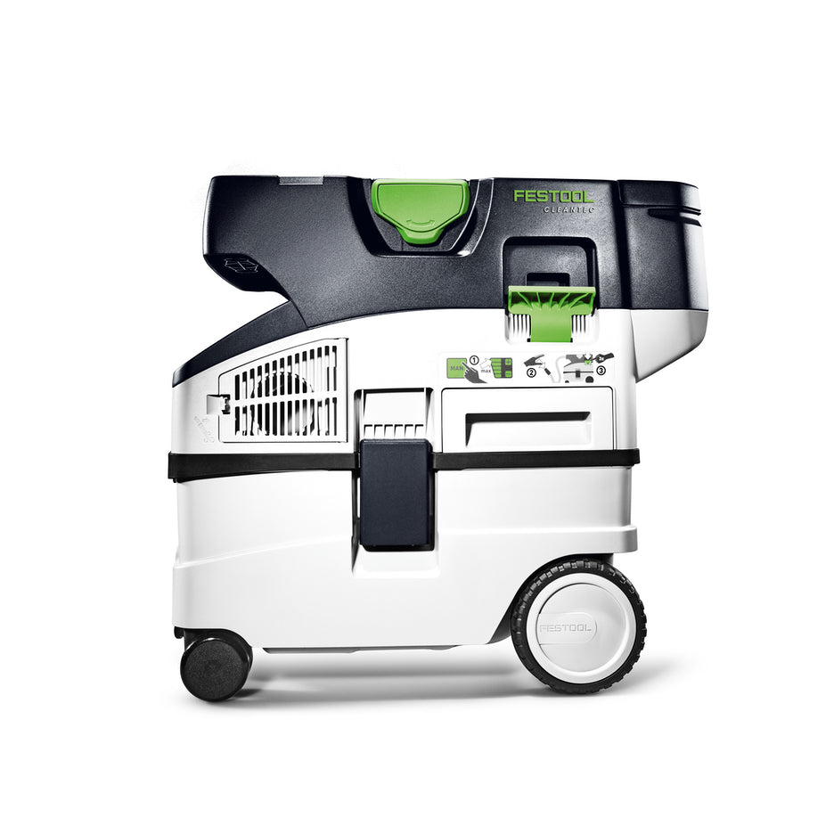 Festool CTC MIDI I Dust Extractor has brake, blower port, external filter cleaning, filter drawer, large casters.