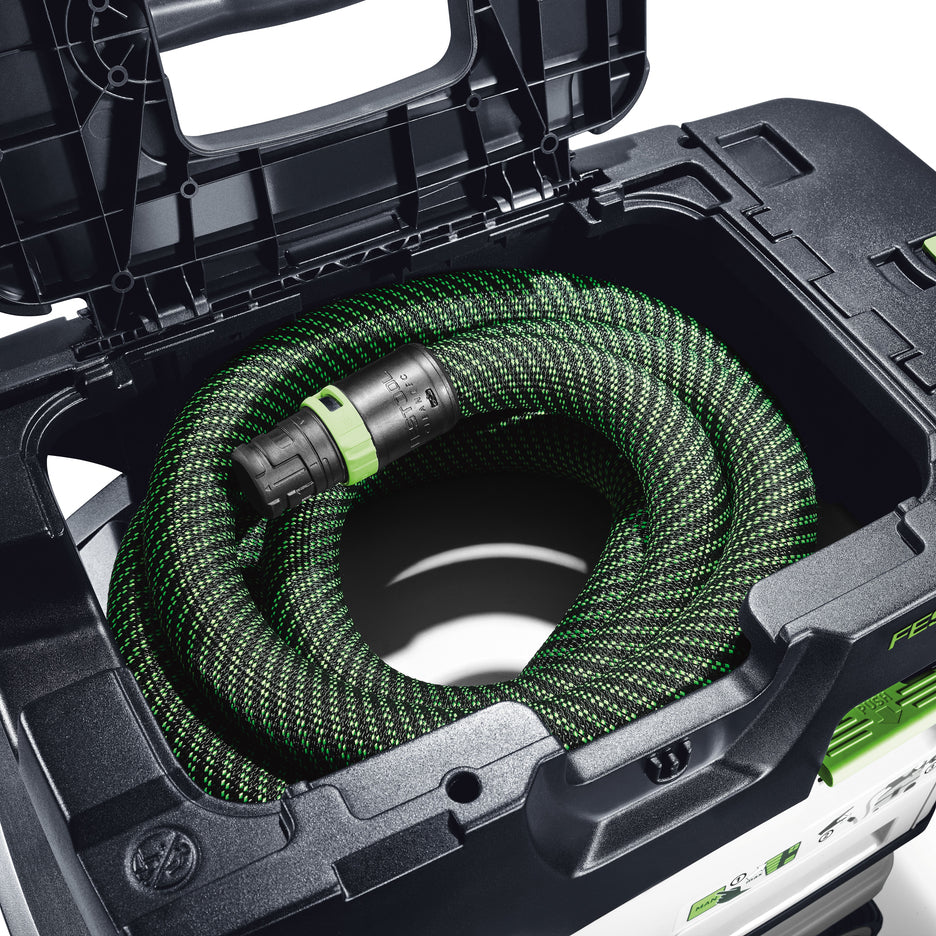Festool CTC MIDI I Dust Extractor has a lidded top compartment with storage for the 3.5m x 27mm anti-static hose.