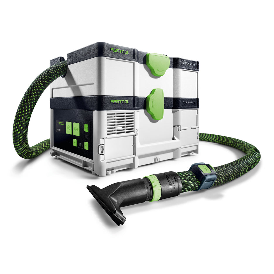 Festool CTC SYS Dust Extractor with hose, remote control, and upholstery brush.
