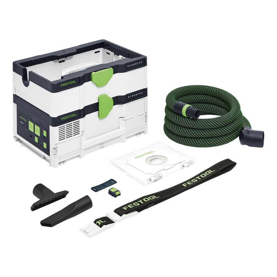 Festool CTC SYS I Dust Extractor with hose, remote, filter bag, strap and attachments.