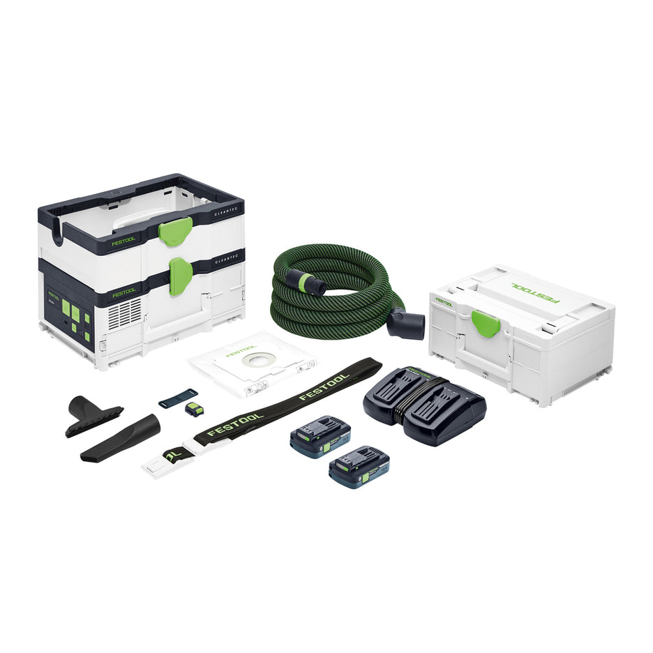 Festool CTC SYS I Dust Extractor with hose, remote, filter bag, strap, attachments, 2 batteries, dual charger, Systainer.