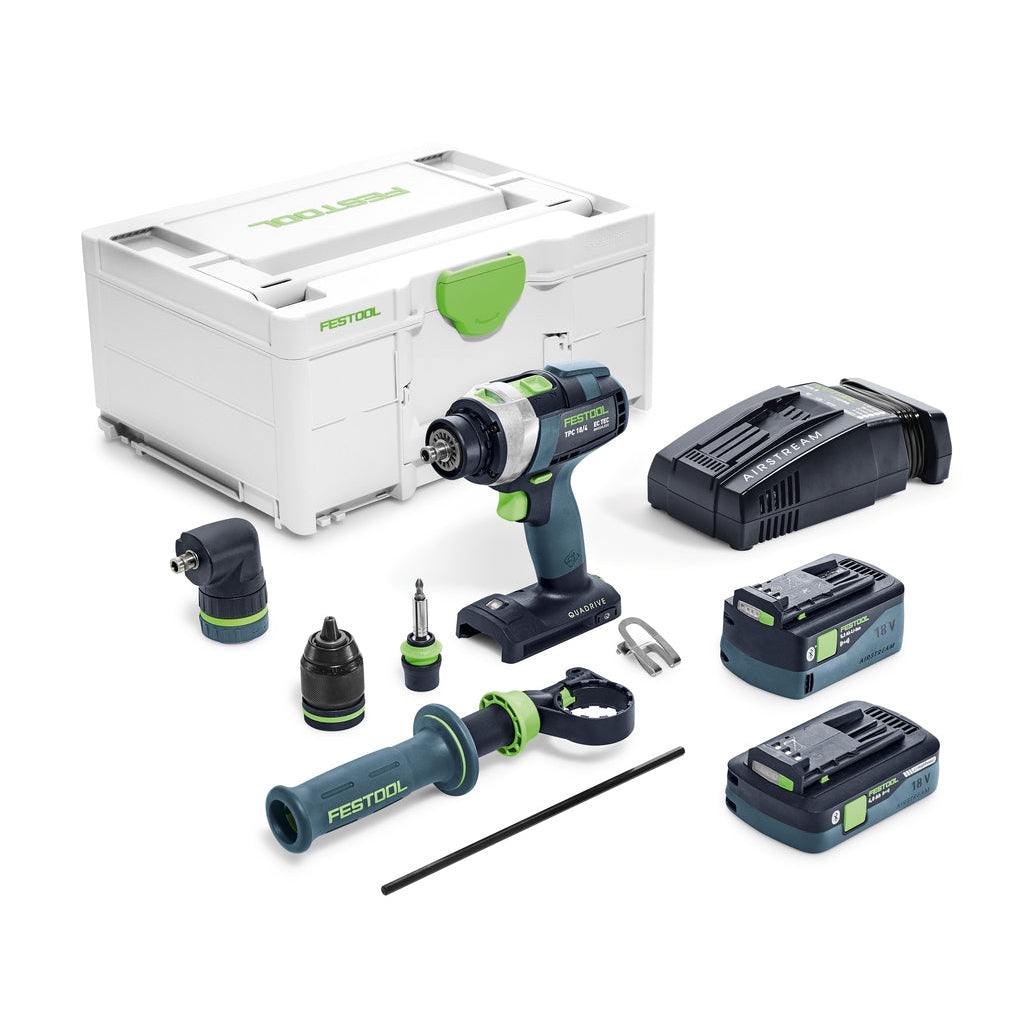 Festool TPC Cordless Percussion Drill with 1/2", 90 deg & Centrotec chuck, auxiliary handle, Systainer, 2 batteries, charger.