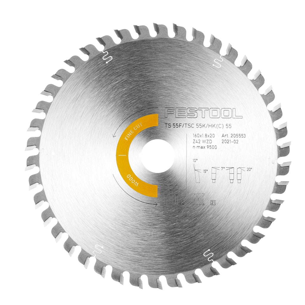 The carbide tipped fine wood blade has 42-teeth for fine cuts in wood, plywood, particle board, and other wood materials.