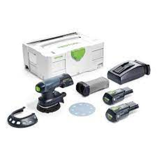 The Festool ETSC 125 Plus includes edge protector, reusable dust bag, 2 batteries, charger, and Systainer.